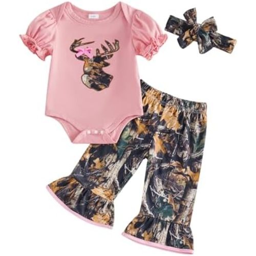 Newborn Baby Girl Hunting Clothes Deer Puff Short Sleeve Romper Jungle Camo Flare Pants Set 3 Piece Summer Outfit