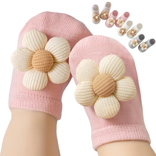 EUFANCE Baby Girl Socks with Non-Slip, Cute Flower Grippy Design Toddler Ankle Socks Gift for Newborn Babies Infants 4 Pairs