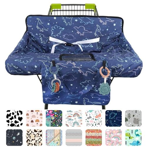 Shopping Cart Cover for Baby 2-in-1 High Chair Cover with Safety Harness Multifunctional Dark Blue Dinosaur Pattern Cart Covers for Babies Soft Padded Grocery Cart Cover for Baby Boy Girl