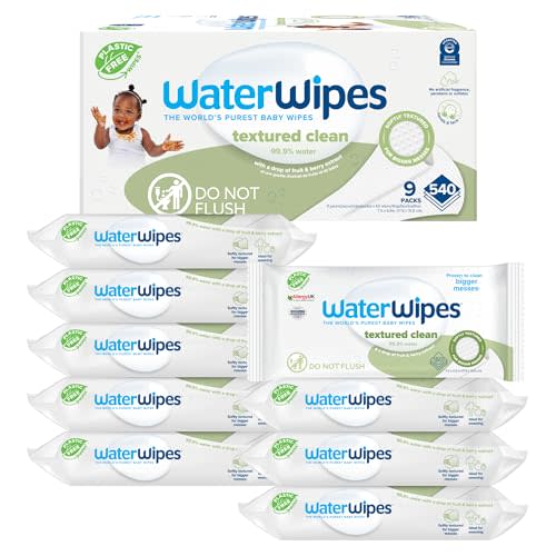 WaterWipes Plastic-Free Textured Clean, Toddler & Baby Wipes, 99.9% Water Based Wipes, Unscented & Hypoallergenic for Sensitive Skin, 540 Count (9 packs), Packaging May Vary