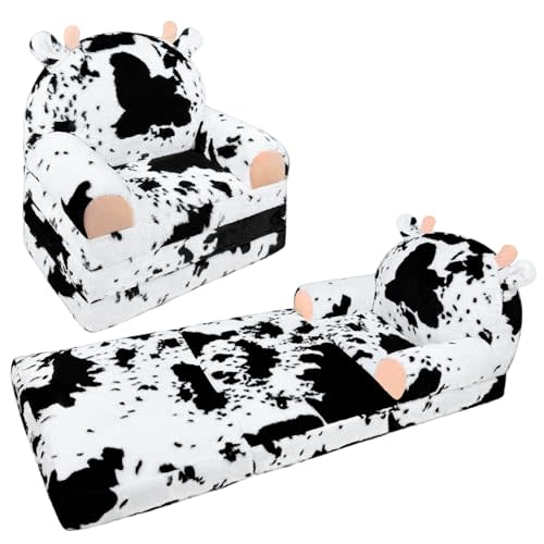 QIUODO Toddler Chair Plush with Removable Cover, 2-in-1 Toddler Couch Fold Out, Cow Shell, Comfy Couch for Kids Over 18 Months, Kids Furniture for Bedroom, PlayroomCow
