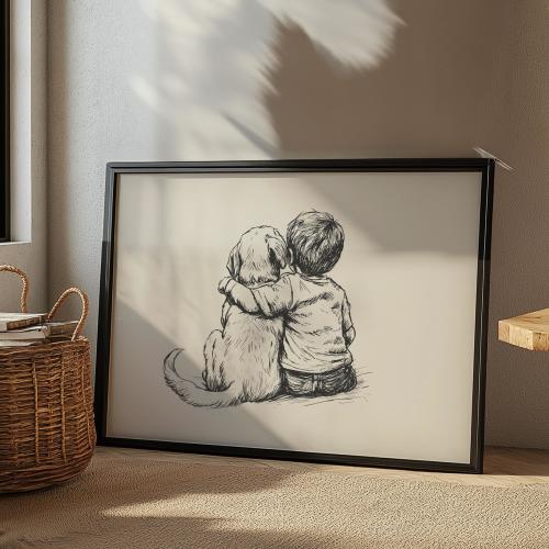 Little Boy with Golden Retriever Puppy Print, Dog Sketch Art, Nursery Vintage Poster, Dog Retro Drawing, Kids Room Decor, Boys Nursery Decor