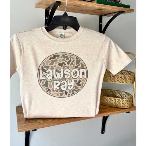 Camo Circle with Custom Personalization on Oatmeal Sublimation Baby Shirt, Laughing Giraffe Tee, Custom Kids T shirt