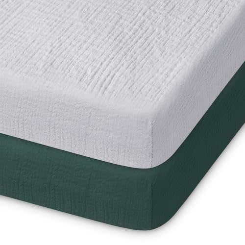 Pro Goleem Muslin Pack n Play Sheets for Boys and Girls, Soft Breathable Cotton Fitted Mini Crib Sheets, Neutral Baby Sheets for Playard Mattress, 2 Pack (Grey&Green)
