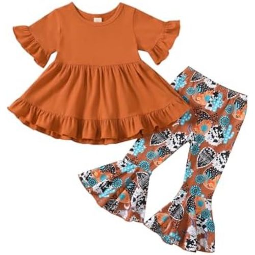 puseky Toddler Baby Girl Clothes Bell Bottoms Outfit Ruffle Shirt Tops and Floral Flared Pant Set Little Girls Outfits Set