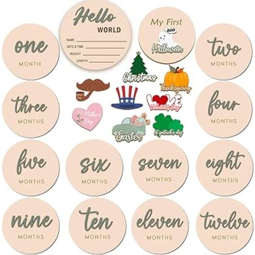 Monthly Baby Milestone Maker Discs, Baby Milestone Signs for Newborn Baby, Hello World Newborn Sign for Baby Girl & Boy, Baby Announcement Sign for 1-12 Month, Milestone Wooden Circles (Sage)