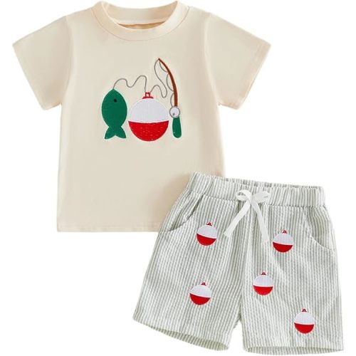 Dcohmch Baby Boy Fishing Outfit Adorable Fish Print Short Sleeve Shirt And Striped Shorts Set Toddler Summer Clothes