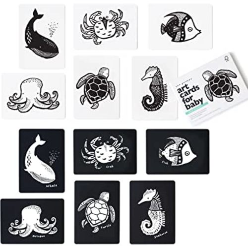 Wee Gallery Black and White Art Flash Cards for Babies, High Contrast Educational Animal Picture Cards, Baby Visual Stimulation, Brain and Memory Development in Infants and Toddlers - Ocean Animals