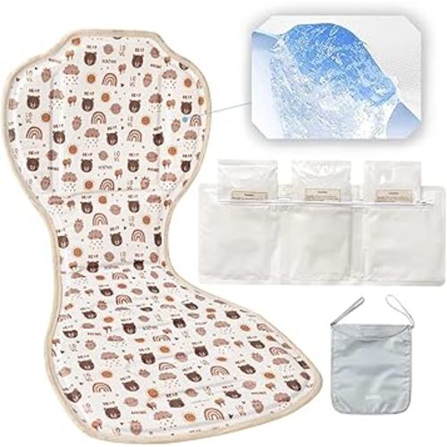 Solfres Hydro Gel Car Seat Cooler Mat with Ice Pack for Baby. Carseat and Stroller Cooling Pad Cushion Liner with Breathable 3D Mesh Anti-Slip Back. for Kids Toddlers 12-48 Months, Beige Bear