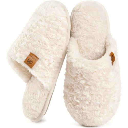 EverFoams Women's Fuzzy Slip-on Slippers Warm Cozy Soft Lightweight Memory Foam Indoor House Shoes