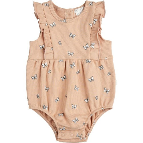 Baby Butterfly Ruffle Romper, 0-3M, Camel