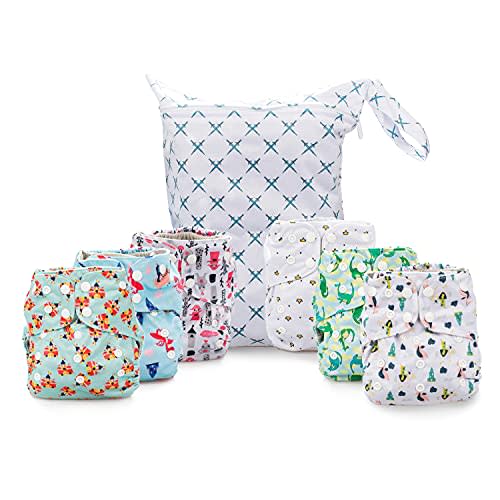 Simple Being Reusable Cloth Diapers, Double Gusset, One Size Adjustable, Washable Soft Absorbent, Waterproof Cover, Eco-Friendly Unisex Baby Girl Boy, six 4-Layers Microfiber Inserts (Knights Dragons)