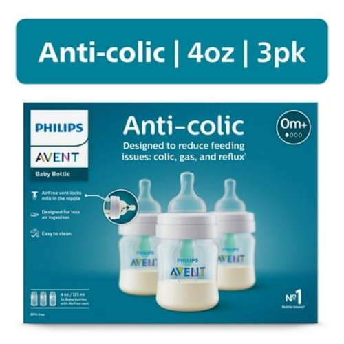 Philips Avent Anti-colic Baby Bottle with AirFree Vent, 4oz, 3pk, Clear, SCY701/93 - Walmart.com