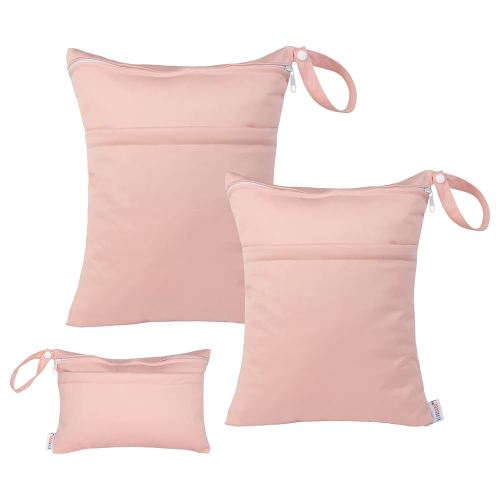 ALVABABY 3pcs Baby Cloth Diaper Wet/Dry Bags|Waterproof Reusable with Two Pockets|Travel, Beach, Pool, Daycare, Soiled Baby Items,Yoga,Gym Bag for Swimsuits or Wet Clothes (3 pcs in SML, Pink) 3L-B19