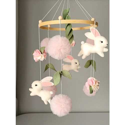 Handmade Bunny Mobile Crib Cheerful Animals Baby Room Accessory Mobile Nursery Felt Rabbit Sky Baby Mobile Hanging Star