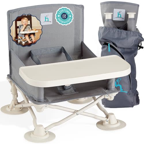 Hiccapop OmniBoost Travel Booster Seat with Tray for Baby, Dining Table, Camping, Beach, Grandma’s | Folding Portable Tip-Free Design Straps to Kitchen Chairs