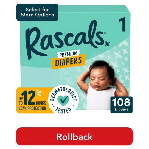 Rascals Premium Absorbent Baby Diapers Size 1, 108 Count (Select for More Options)