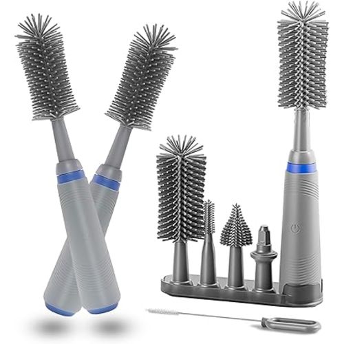 Electric Bottle Brush with Stand and Extendable Handle, Silicone Bottle Brush Set, Easy-Grip Silicone Handle, Waterproof/Rechargeable, Grey