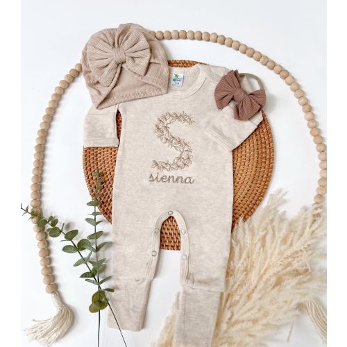 Embroidered Personalized Beige Romper, Minimalistic Coming Home Outfit, Floral Letter Baby Romper, Natural, Ivory, Beige Baby Romper