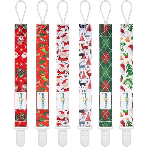 Babygoal Christmas Pacifier Clips, 6 Pack Binky Paci Holder and Leash for Boys and Girls Fits for Most Pacifier, Binkie Styles & Baby Teethers & Toys and Xmas Gift 6PB11