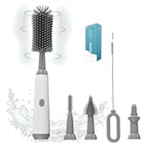 Electric Bottle Brush Set, 360°Automatic Bottle Brush Cleaner with 3 Sizes Replaceable Silicone Bottle Brush and Extension Handle for Long Bottles，Straw Cleaner Brush,IPX65& Rechargeable(Grey) - Gray