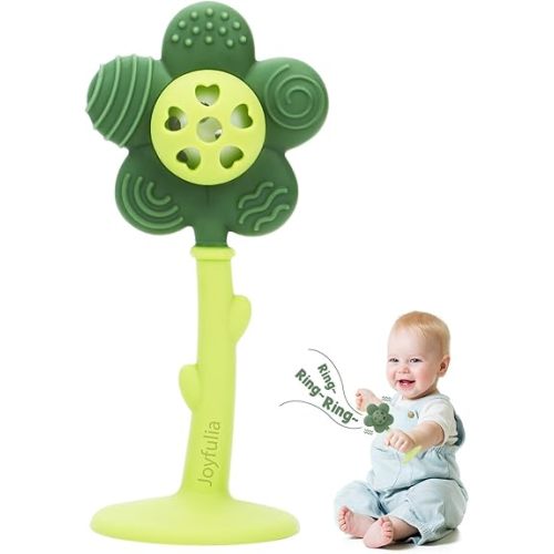 Baby Teething Toys and Rattle 2-in-1 for Babies 0-6 6-12 Months, Food Grade Silicone Teethers for Baies 3-6 Months, Infant Teething Relief Chew Toys, Sunnyflower Teether Toy BPA Free - Green
