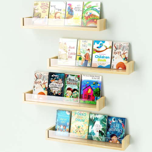 NiHome Solid Wood and Acrylic Floating Shelves for Children's Rooms, Nurseries, Playrooms, Easy Installation Clear Panels Book Display, Safe Reading Environment for Infants and Toddlers (Set of 4)
