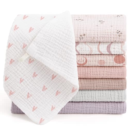 Bearmoss Muslin Burp Cloths 100% Cotton Cloths Baby Burp Cloths Muslin Washcloths Ultra-Absorbent Soft Baby Face Towel Burping Clothes for Newborn Burp Cloths Baby Boys and Girls 20"x10" (PinkPurple)