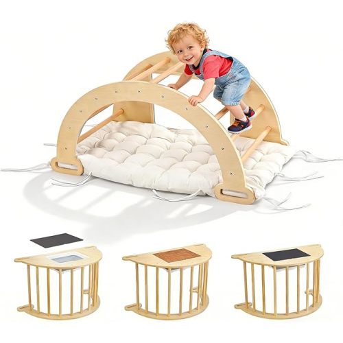 JOYMOR 5-in-1 Pikler Triangle Climber Arch Rocker with Cushion Sensory Table Set for Kids, Montessori Wooden Climbing Toys for Toddlers Inside with Collapsible Storage Basin & Blackboard