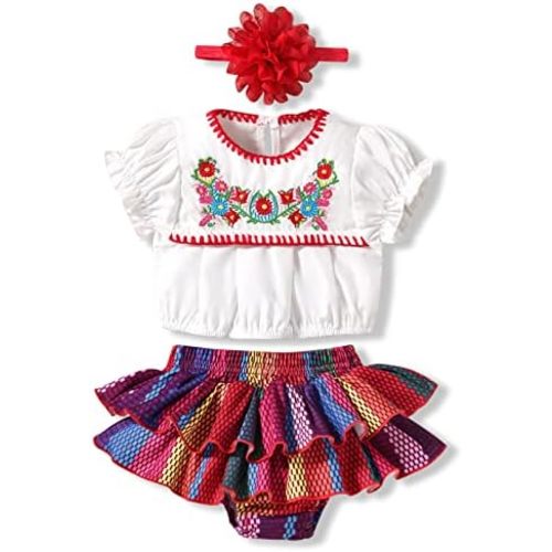 HINTINA Infant Baby Girl Mexican Embroidery Floral Shorts Outfits Ethnic Wear Cinco De Mayo Fiesta Clothes Set