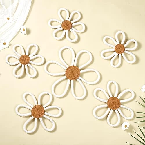 Barydat 6 Pcs Boho Nursery Decor Daisy Flower Woven Macrame Wall Hanging 3 Size Daisy Flower Wall Decor Bohemian Nursery Decorations for Home Kids Dorm Art(White)