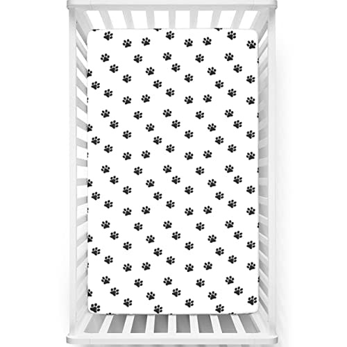 Dog Paws Themed Fitted Crib Sheet,Standard Crib Mattress Fitted Sheet Ultra Soft Material-Great for Boy or Girl Room or Nursery, 28“ x52“,Charcoal Grey and White