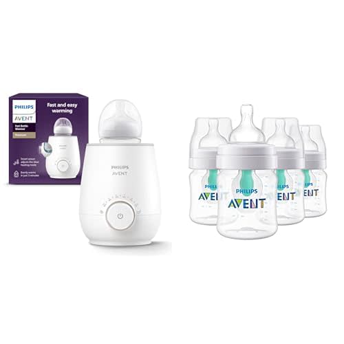 Philips Avent Warming Bundle with Anti-Colic baby bottle with AirFree Vent 4 Ounce 4 Pack + Fast baby bottle Warmer