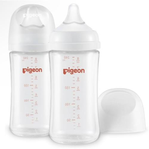 Pigeon Glass Nursing Bottle Wide Neck, Anti-Colic, Streamlined Body, Natural Feel, Easy to Clean, Heat-Resistant, 8.1 Oz(Pack of 2), Includes 2pcs SS Nipples (0m+)