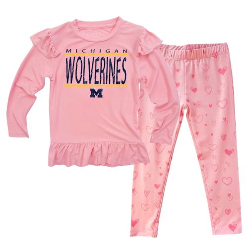 Michigan Wolverines Wes & Willy Infant Heart Print Ruffle Long Sleeve T-Shirt and Pants Sleep Set - Pink
