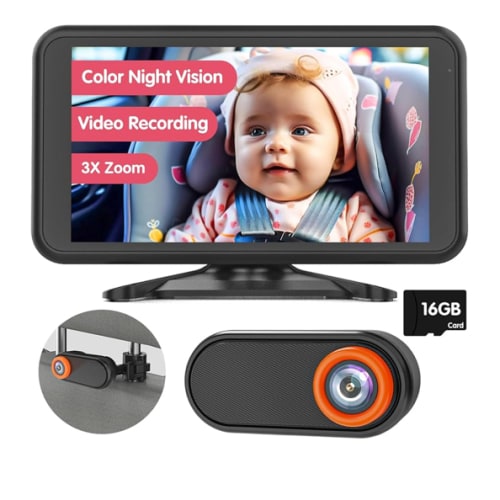 BM3 Baby Car Camera, 5.2" 1080P with Video Recording & TF Card, Back Seat Camera with 3X Zoom, 360° Rotation, Easy Installation Baby & Pet Car Monitor
