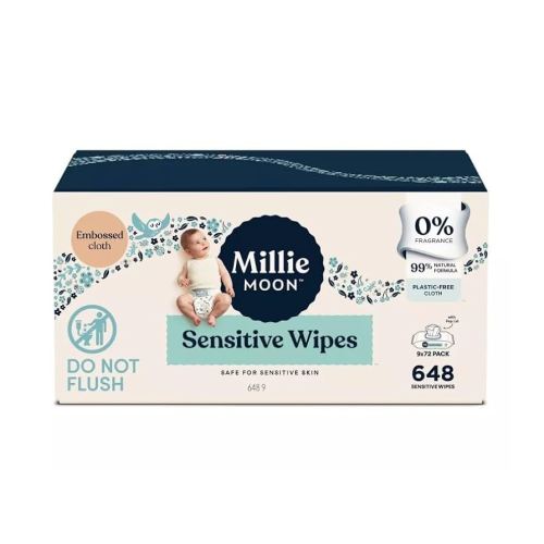 Millie Moon Sensitive Baby Wipes, 648 Count, 9 Packs of 72 Wipes(1Box)