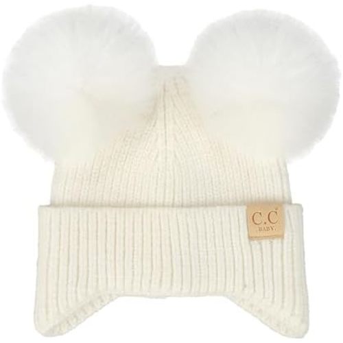 C.C Baby Double Fur Pom Pom Beanie with Ear Flap for Boys Girls - Comfortable Soft Warm Infant Toddler Baby Knit Skully Hat