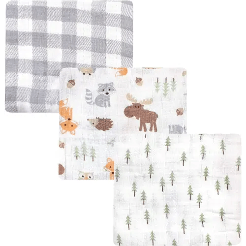 Hudson Baby Unisex Baby Cotton Muslin Swaddle Blankets, Woodland 3-Pack, 3-Pack