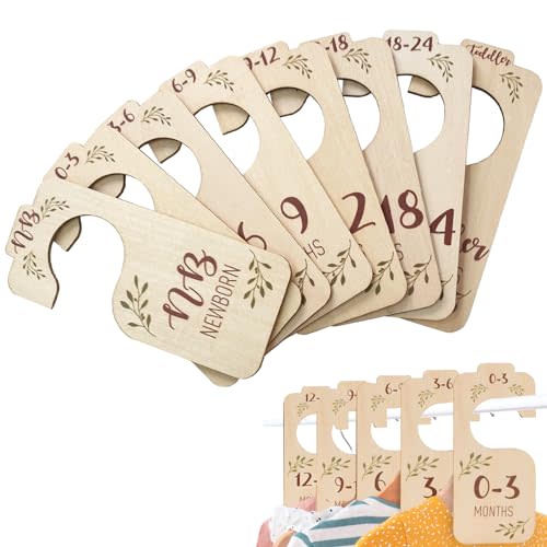 WUXTANGZ Closet Dividers for Baby Clothes, Wooden Double-Sided Hangers With Size Dividers, Organizer From Newborn to Toddler for Nursery Decor (Leaf)