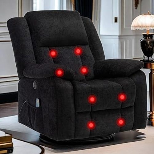 Rocker Recliner Chair, Glider Recliner Chairs for Adults, 360° Swivel Recliner with Massage and Heating, Rocking Recliner Chair with Side Pockets and USB for Living Room, Nursery, Bedroom