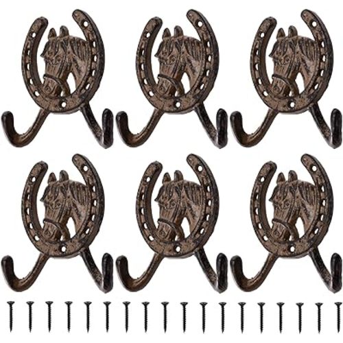 Peohud 6 Pack Cast Iron Coat Hooks, Rustic Double Wall Hooks, Horse Head Horseshoe Hook, Wall Mounted Farmhouse Coat Hangers for Towels, Hats, Keys, Bags, Caps