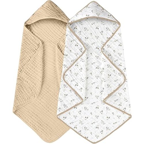 Yoofoss Hooded Baby Towels for Newborn 2 Pack 100% Muslin Organic Cotton Baby Bath Towel with Hood for Babies, Infant, Toddler and Kids, Large 32x32Inch, Soft and Absorbent Newborn Essential