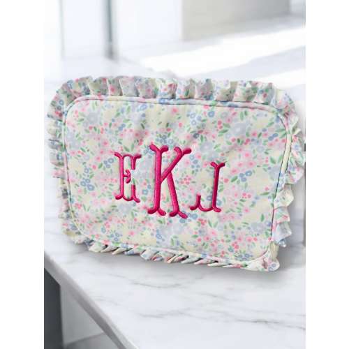 Embroidered monogram floral cosmetic and duffle bag with ruffles, personalized