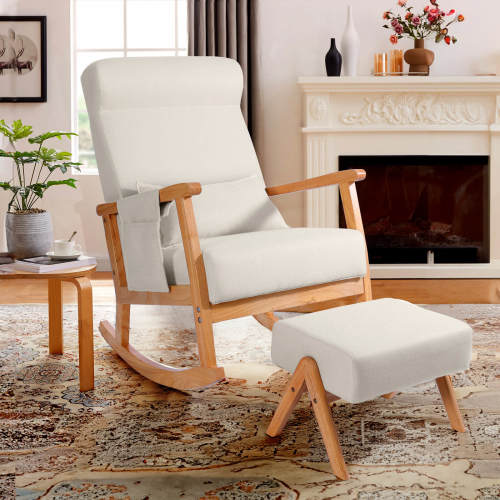 Upholstered Nursery Rocking Chair with Ottoman, Rubber Foot Pad, Detachable Storage Bag & Pillow