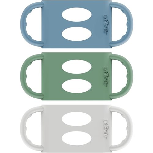 Dr. Brown's Wide-Neck Baby Bottle Handles, 100% Silicone, Easy Grip Removable Handles for Bottle to Sippy Cup Transition, Blue/Gray/Green, 3-Pack, 4m+
