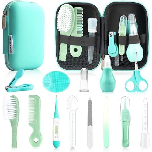 Baby Healthcare and Grooming Kit, 14 in 1 Baby Safety Set Newborn Nursery Health Care Set with Hair Brush Scale Nail Clippers for Baby Girls Boys(14 Kits Green)