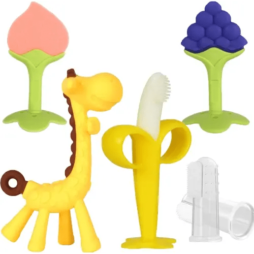Baby Teething Toys, Silicone Baby Teether Freezer BPA Free, Soothe Babies Teething Relief Sore Gums, Banana Finger Toothbrush, Fruit Shape Giraffe Teether Set for Infant Boys and Girls
