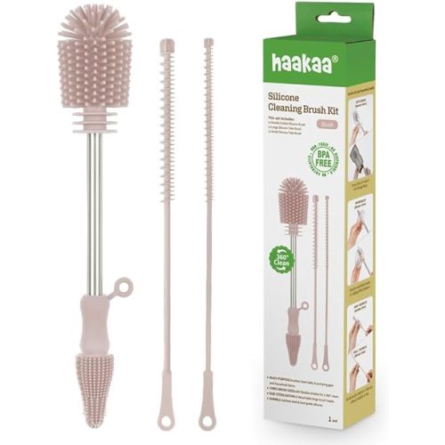 Haakaa Silicone Cleaning Brush Kit – Household Cleaning Brushes for Bottles and Crevices – Food-Grade Silicone: Dishwasher Safe (Kit-Blush)