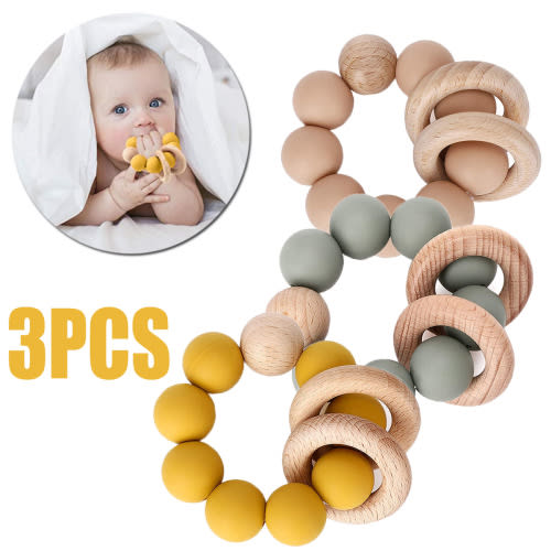 1/3Pieces Baby Teether, Organic Baby Teething Toy, Silicone And Wooden Teething Rings To Explore The Mouth, Bpa Free, 3+
